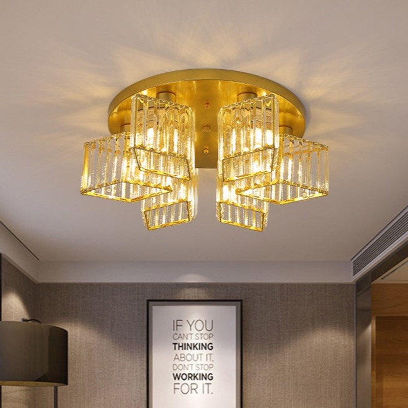 Contemporary Luxury Round Diamond Iron Crystal 3/4/5/6 Light Semi-Flush Mount Ceiling Light For Living Room