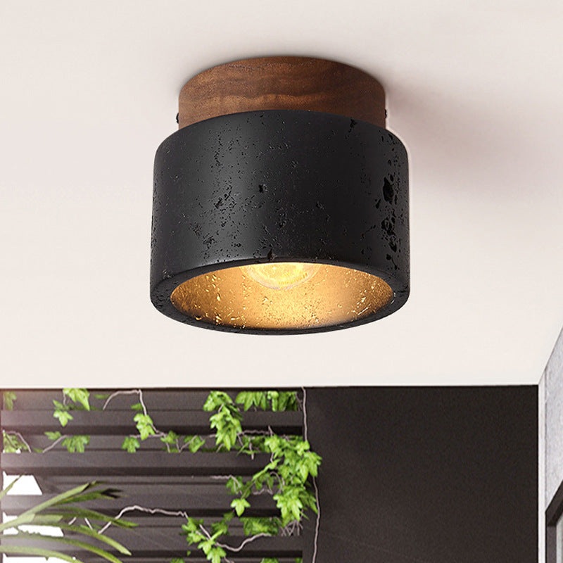 Traditional Japanese Cylindrical Wooden Black Travertine 1-Light Semi-Flush Mount Ceiling Light For Hallway