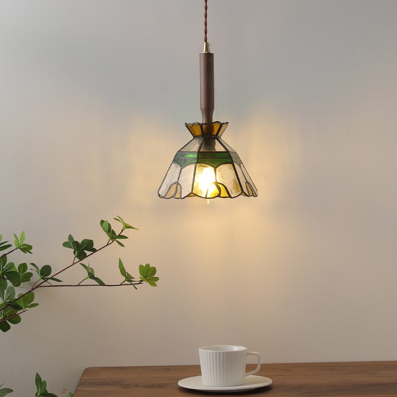 Traditional Tiffany Dome Glass Wood Copper 1-Light Pendant Light For Living Room