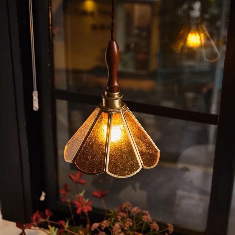 Traditional Vintage Cone Glass Copper Wood 1-Light Pendant Light For Living Room
