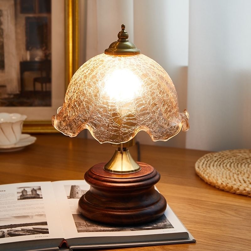 Traditional Vintage Cone Glass Iron Solid Wood 1-Light Table Lamp For Bedroom