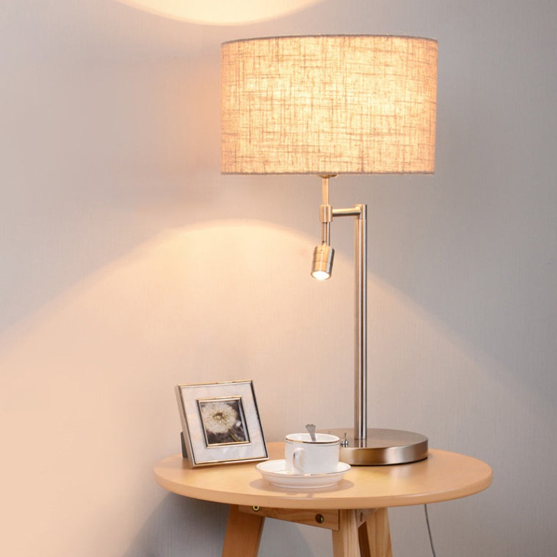 Traditional Vintage Cylinder Fabric Iron 2-Light Rotatable Spotlight Table Lamp For Home Office