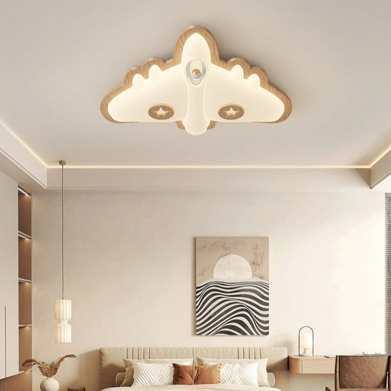 Contemporary Creative Cartoon Aircraft PE Shade Solid Wood LED Flush Mount Ceiling Light For Bedroom