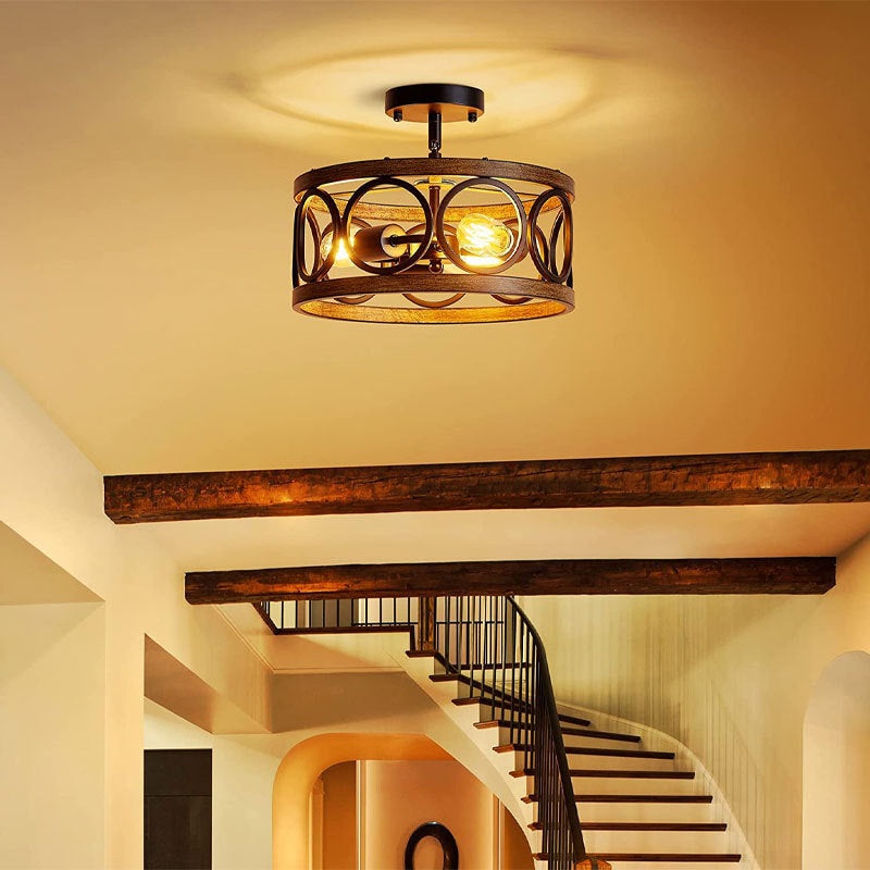 Contemporary Industrial Round Hollowed Out Wood Grain Iron 3-Light Semi-Flush Mount Ceiling Light For Living Room