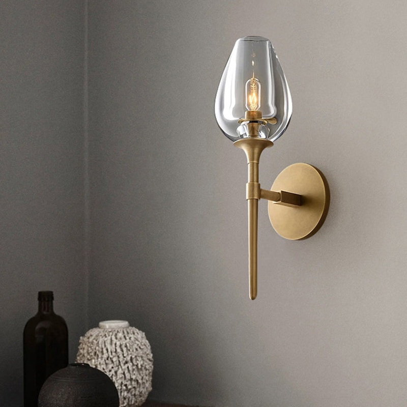 Contemporary Nordic Round Cylinder Cup Shape Copper Frame Crystal Shade 1/2 Light Wall Sconce Lamp For Bedroom