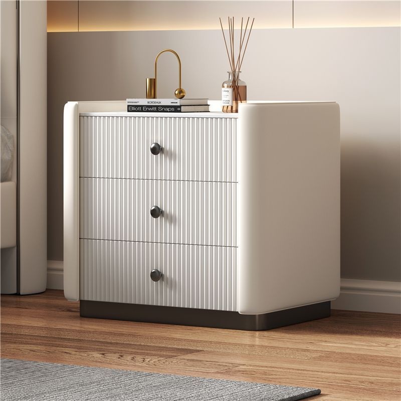 Contemporary Nordic Square Sintered Stone Top Solid Wood Leather Nightstand 3-Drawer For Bedroom
