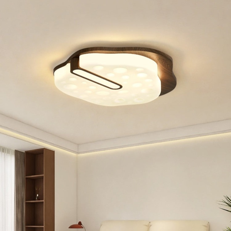 Contemporary Retro Iron Walnut Wood Grain PE Round Shade LED Flush Mount Ceiling Light For Bedroom