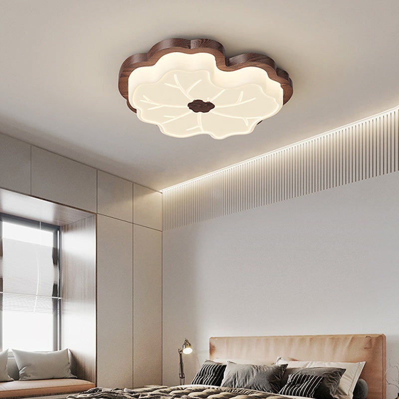 Contemporary Retro Wood Grain PE Lotus Leaf Shade LED Flush Mount Ceiling Light For Bedroom