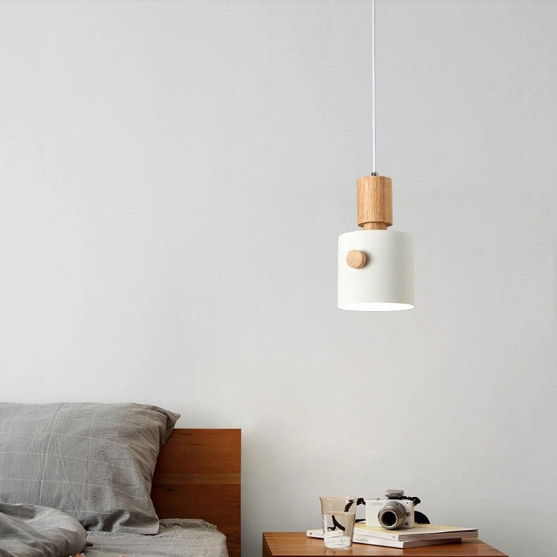 Contemporary Scandinavian Macaron Round Cylinder Iron Wood 1-Light Pendant Light For Bedroom