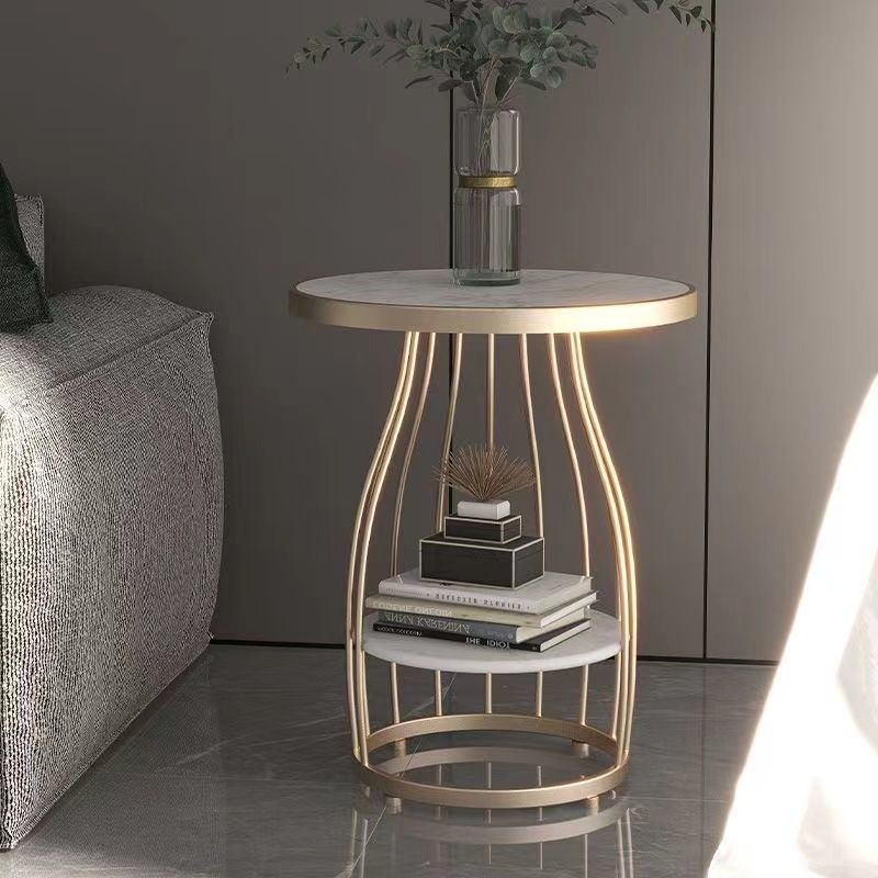 Modern Luxury Round Sintered Stone Top Carbon Steel Frame Coffee Table 2-Tier For Living Room