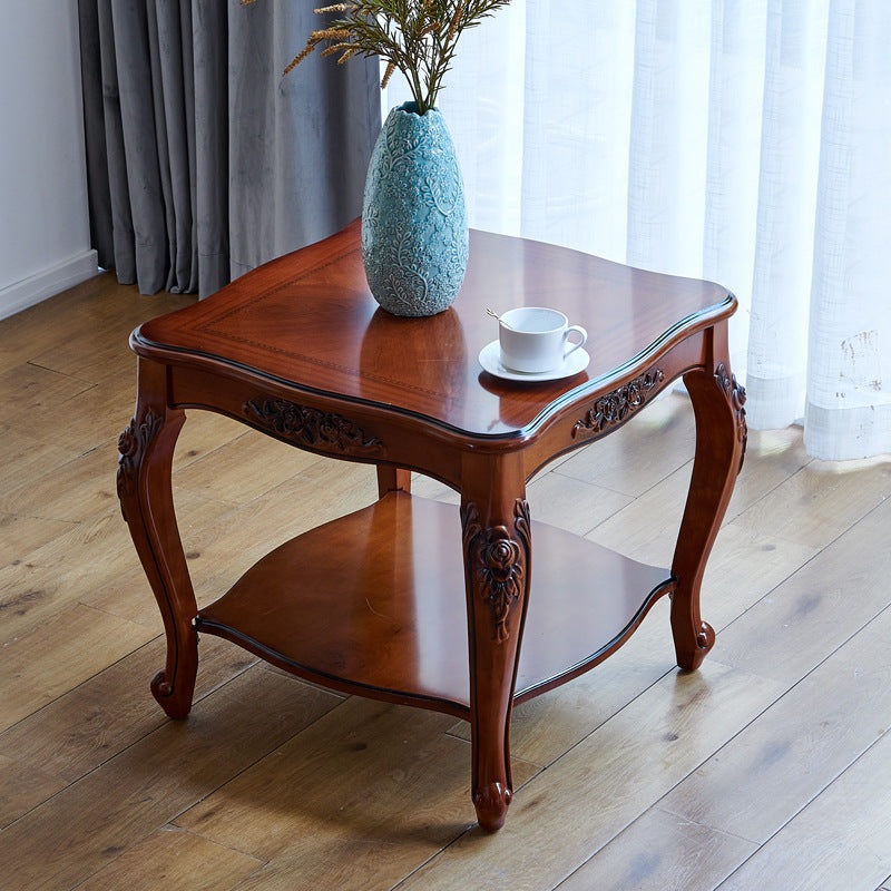 Traditional Chinese Carved Pattern Square Bent Solid Wood End Table 2-Tiers For Living Room