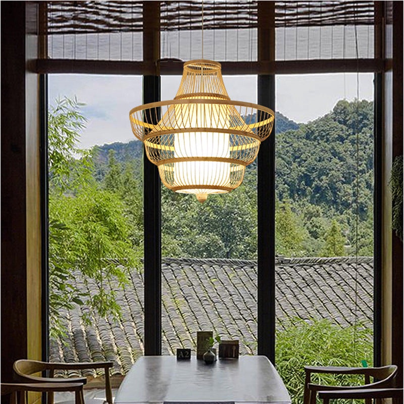 Traditional Chinese Dome Gyro Shape Bamboo Imitation Parchment Paper Lampshade 1 - Light Chandelier For Dining Room