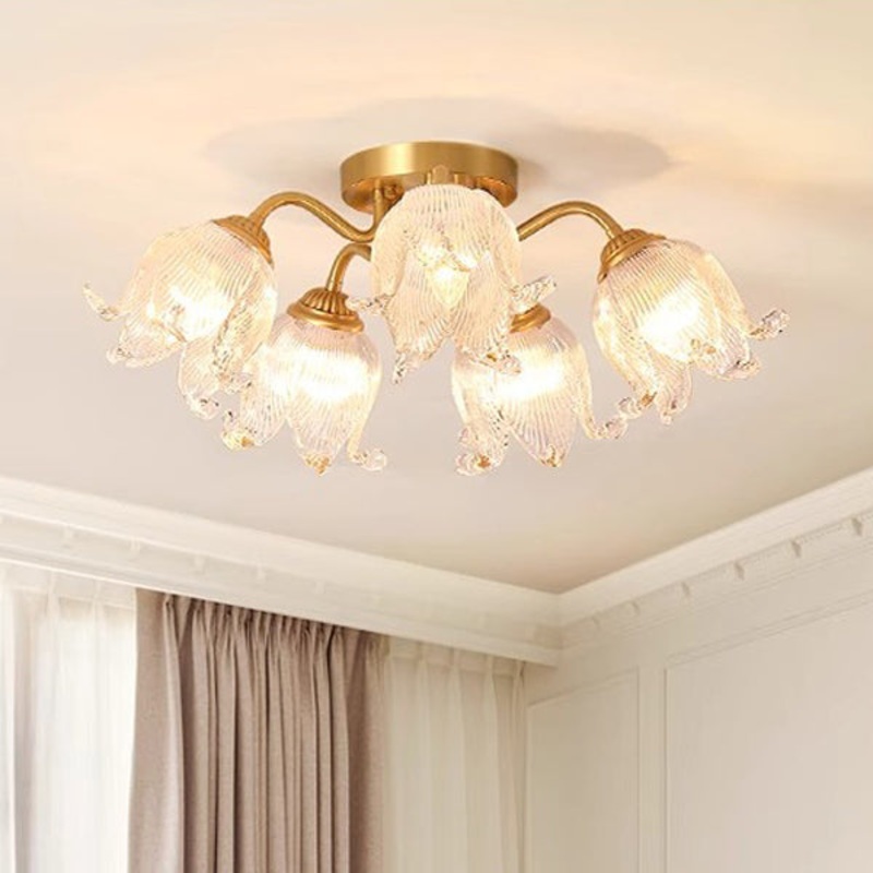 Traditional European Round Flower Glass Shade Full Copper Frame 5/12/15 Light Flush Mount Ceiling Light For Living Room