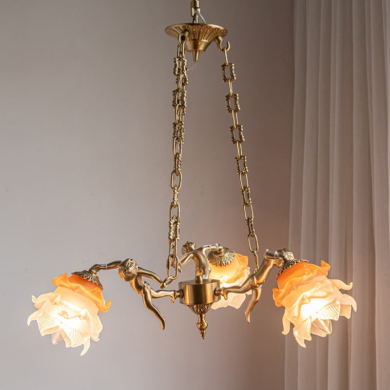 Traditional French Antique Brass Angel Flower Glass Shade 1/3-Light Chandelier For Living Room