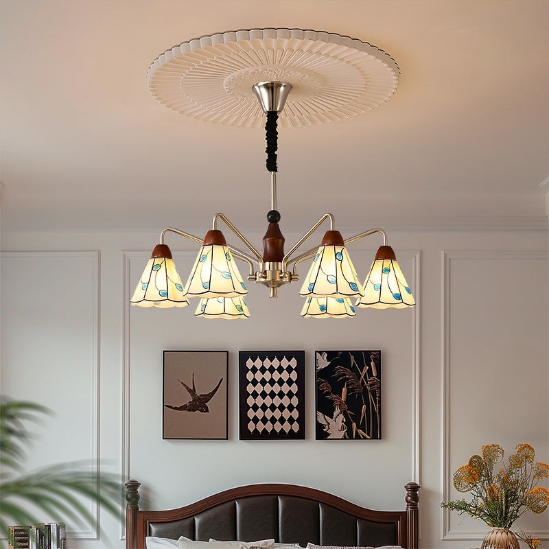 Traditional French Cone Leaves Pattern Glass Lampshade Iron Solid Wood 6/8 - Light Chandelier For Living Room