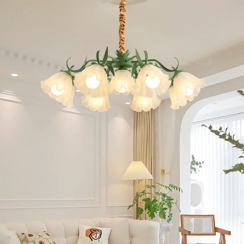 Traditional French Leaf Flower Glass Shade Hardware Frame 4/6/7/9 Light Chandelier For Living Room