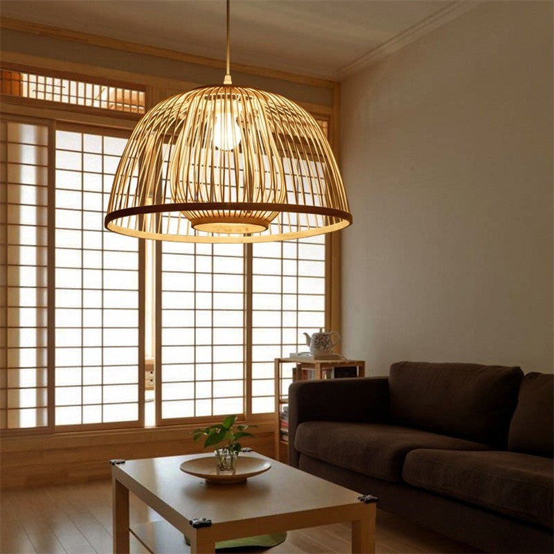 Traditional Japanese Dome Semicircle Bamboo Lampshade 1 - Light Chandelier For Dining Room