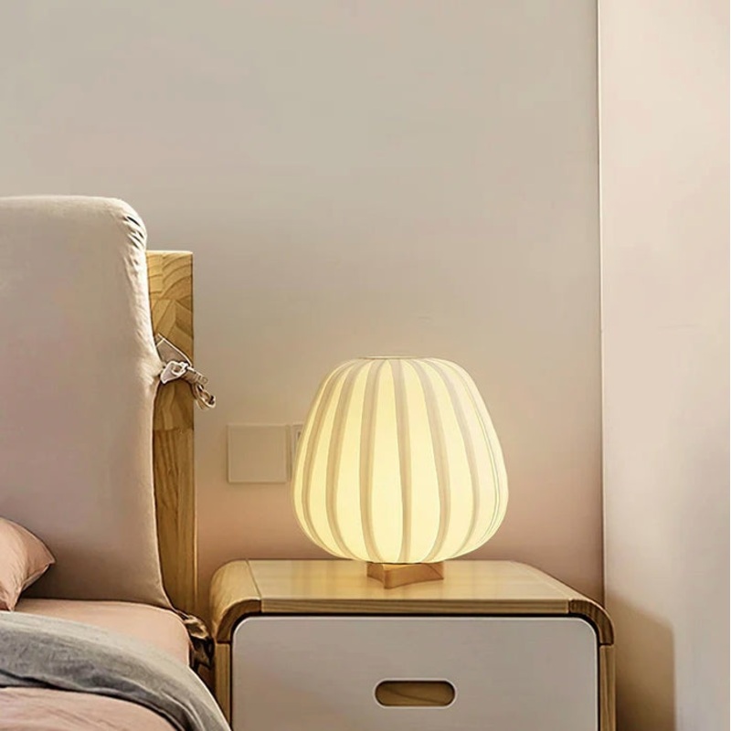 Traditional Japanese Fabric Round Cage Solid Wood 1-Light Table Lamp For Bedroom