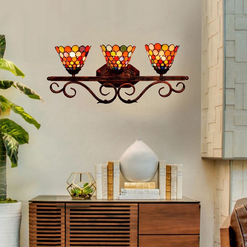 Traditional Tiffany Cone Lace Stained Glass Iron 3-Light Wall Sconce Lamp For Bedroom