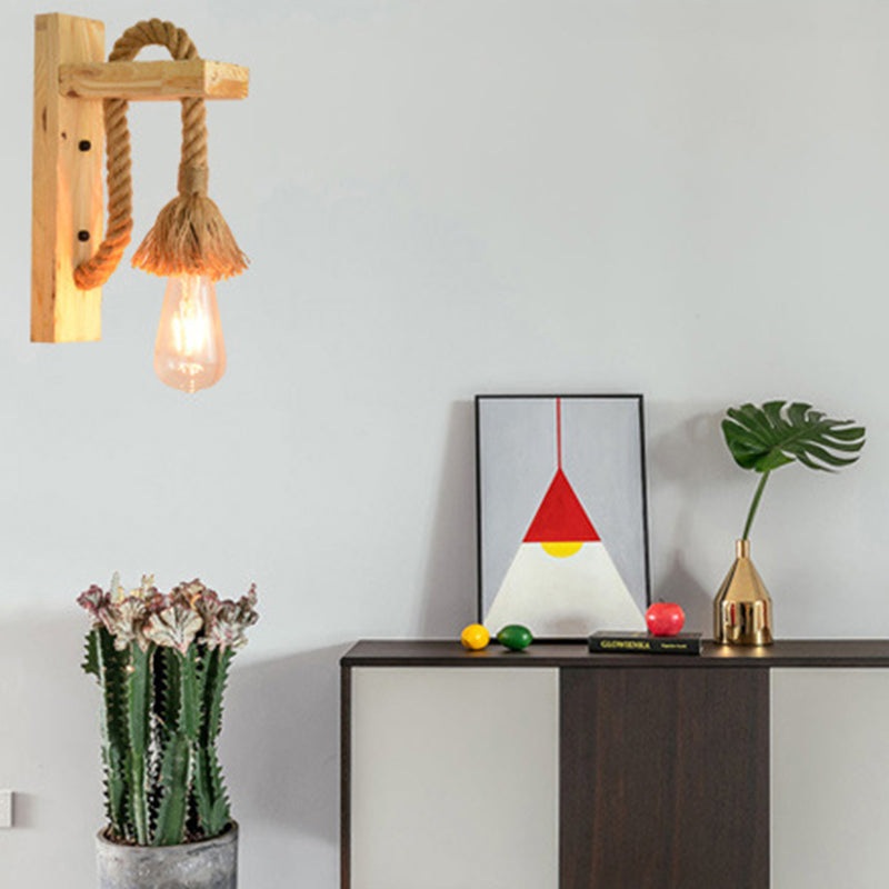 Traditional Vintage Rectangle Wood Hemp Rope 1-Light Wall Sconce Lamp For Living Room