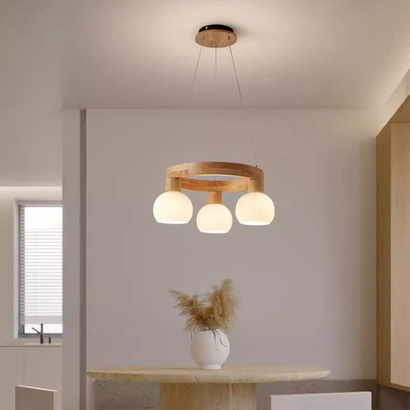 Contemporary Nordic Globe Solid Wood Glass 3/6/9 Light Chandelier For Living Room