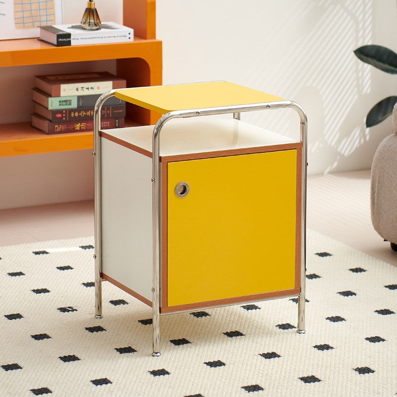 Contemporary Nordic Rectangular Wood Plate Stainless Steel Nightstand 1-Cabinet For Bedroom