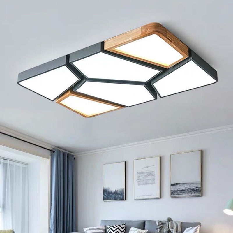 Contemporary Nordic Square Rectangle Geometric Combination Iron Solid Wood Acrylic Shade LED Flush Mount Ceiling Light For Living Room