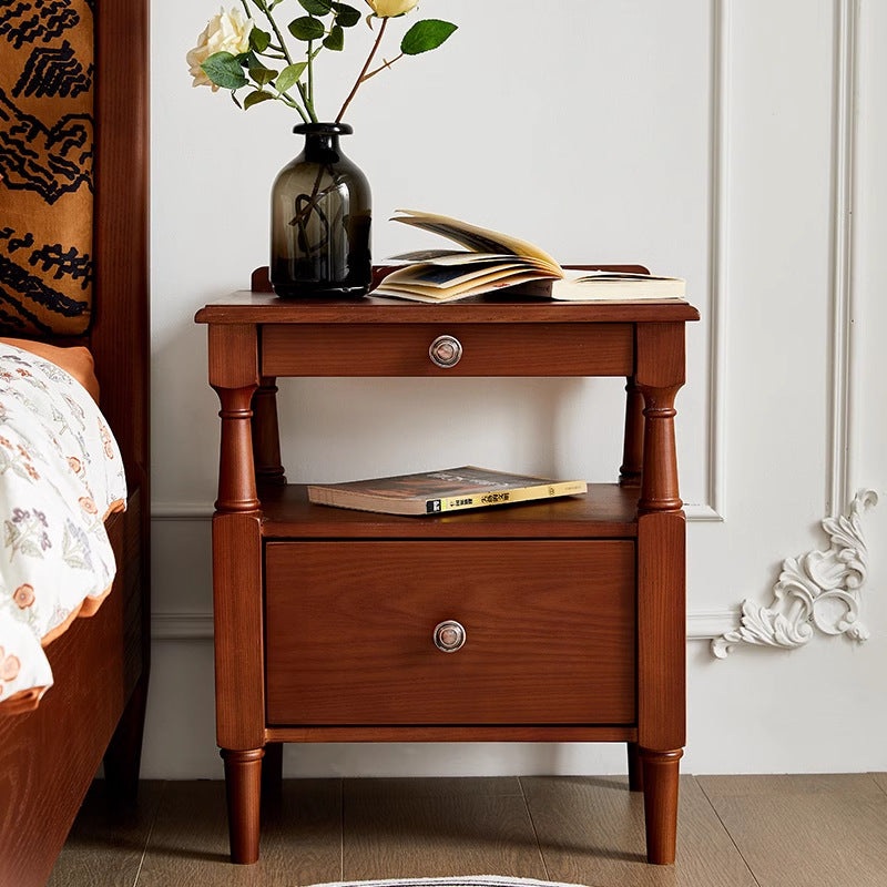 Contemporary Retro Ash Wood Pine Wood Hardware Rectangular Nightstand 2-Drawer Tier For Bedside