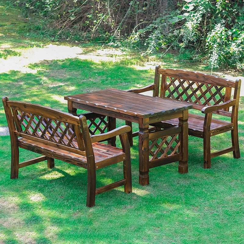 Contemporary Retro Fir Rectangular Lattice Outdoor Coffee Table & Chair Set For Outdoor Patio