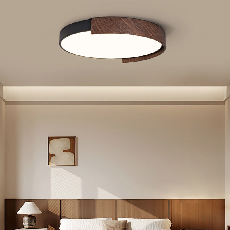 Contemporary Retro Round Wood Grain Iron Frame Acrylic LED Flush Mount Ceiling Light For Bedroom