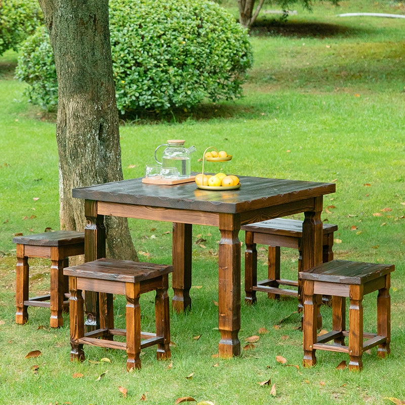 Contemporary Retro Solid Wood Square Outdoor Coffee Table & Stool Set For Outdoor Patio