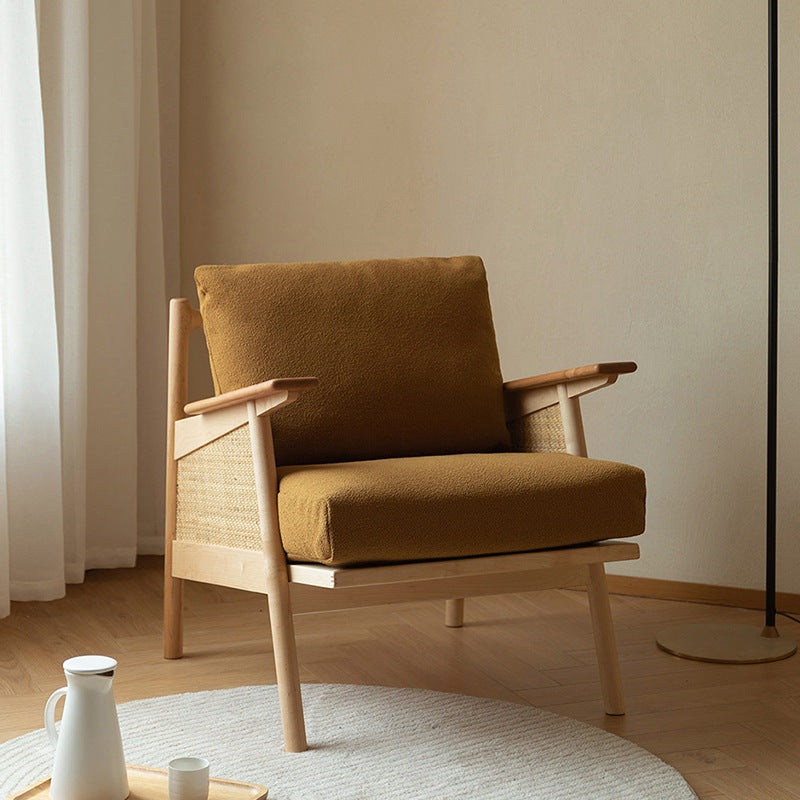 Contemporary Scandinavian Square Weaving Rattan Solid Wood Frame Accent Chair Backrest For Living Room