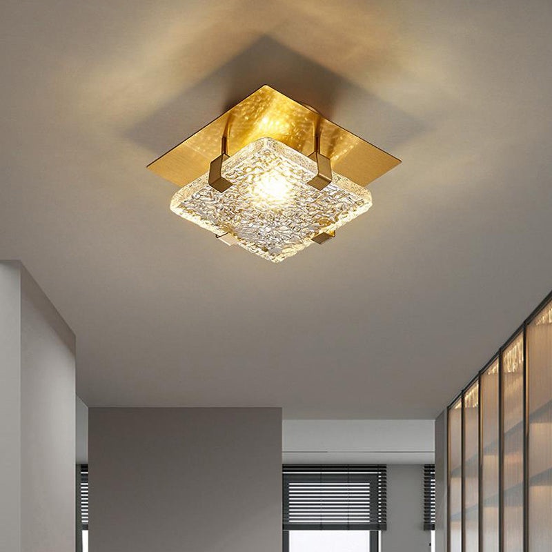 Modern Luxury Square Stainless Steel Glass LED Semi-Flush Mount Ceiling Light For Hallway