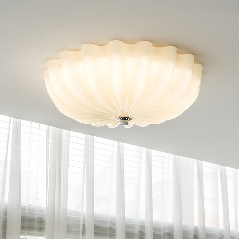 Modern Mid-Century Cream Round Petal Hardware Glass LED Flush Mount Ceiling Light For Bedroom