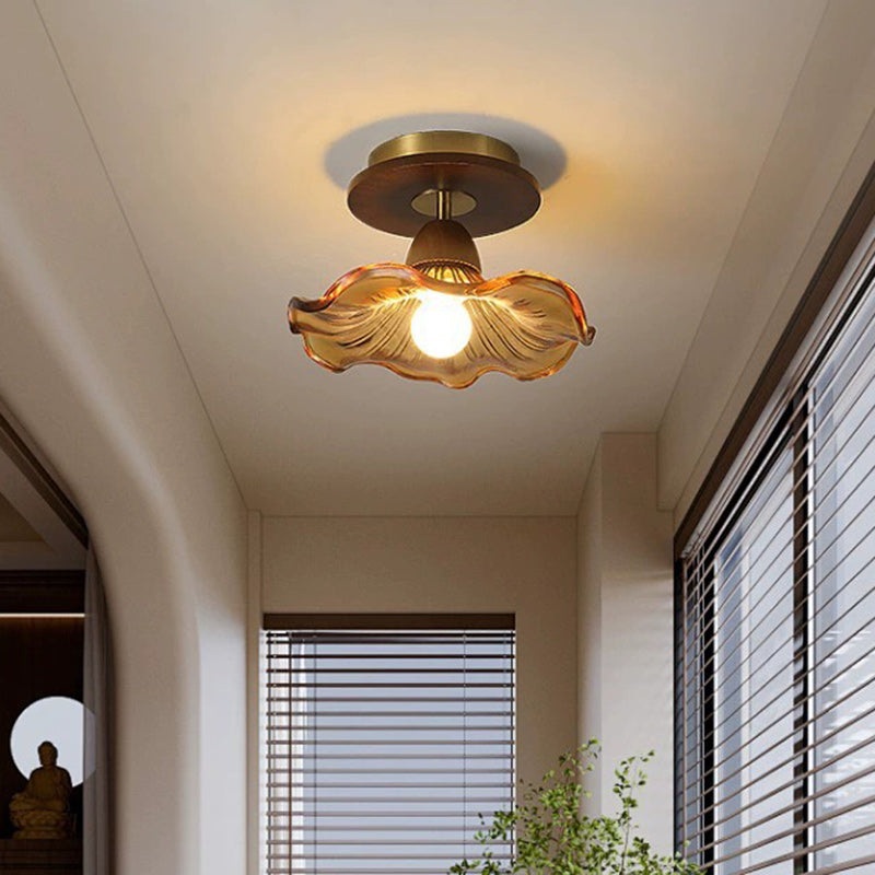 Modern Mid-Century Round Quadrilateral Lace Rubber Wood Iron Glass 1-Light Semi-Flush Mount Ceiling Light For Living Room