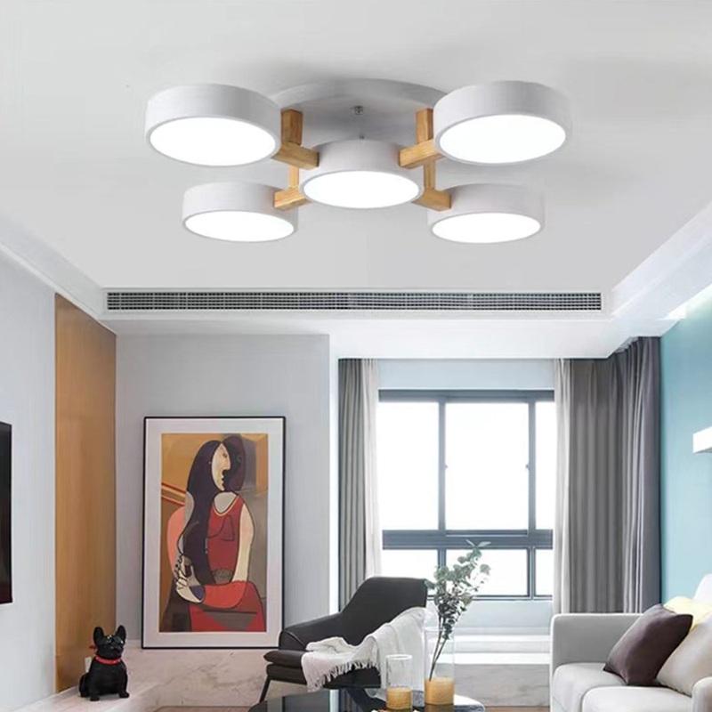 Modern Minimalist Multi Round Iron Wood Acrylic LED Semi-Flush Mount Ceiling Light For Living Room