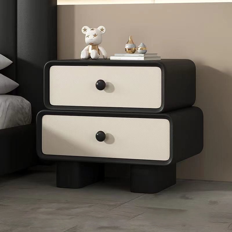 Modern Simplicity Wood Microfiber Leather Rectangular Rounded Corner Nightstand 2-Drawer For Bedside