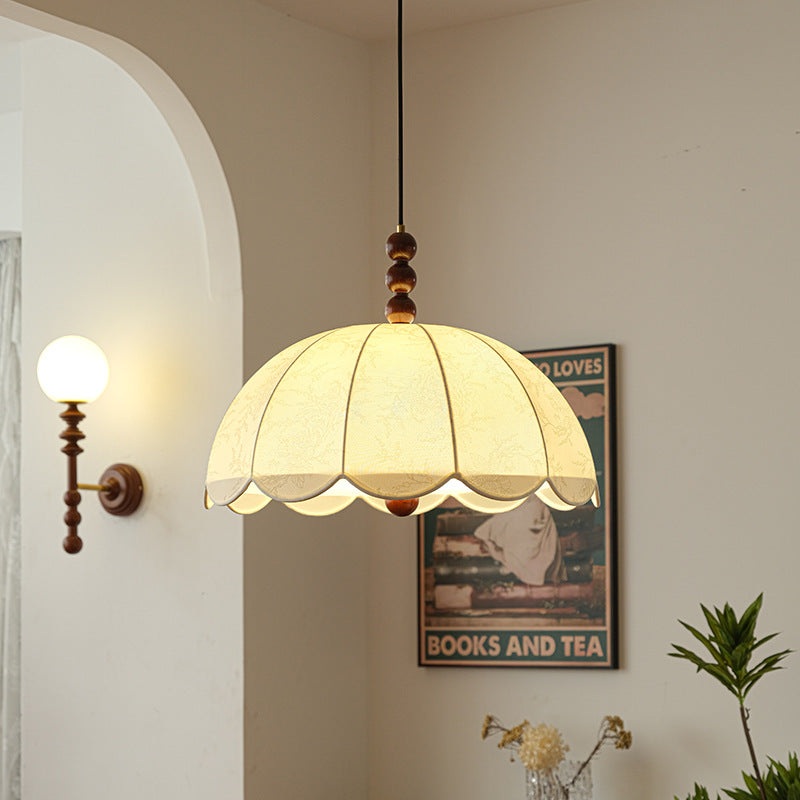 Traditional Chinese Dome Ash Wood Fabric 3-Light Pendant Light For Bedroom