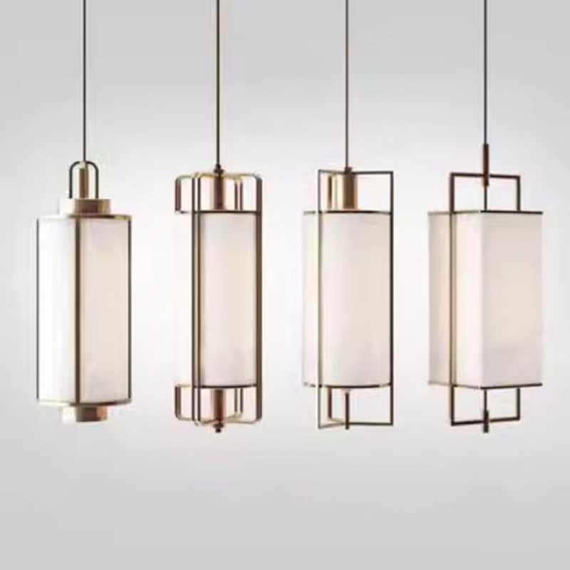 Traditional Chinese Iron Fabric Cylinder Lantern 1-Light Pendant Light For Dining Room