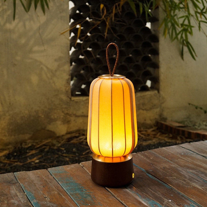 Traditional Chinese Lantern Cylinder Solid Wood Fabric LED Table Lamp For Bedroom