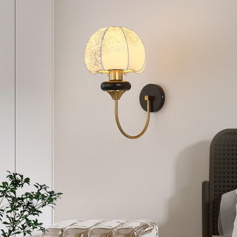 Traditional Chinese Mushroom Shape Pattern Fabric Lampshade Hardware 1 - Light Wall Sconce Lamp For Living Room