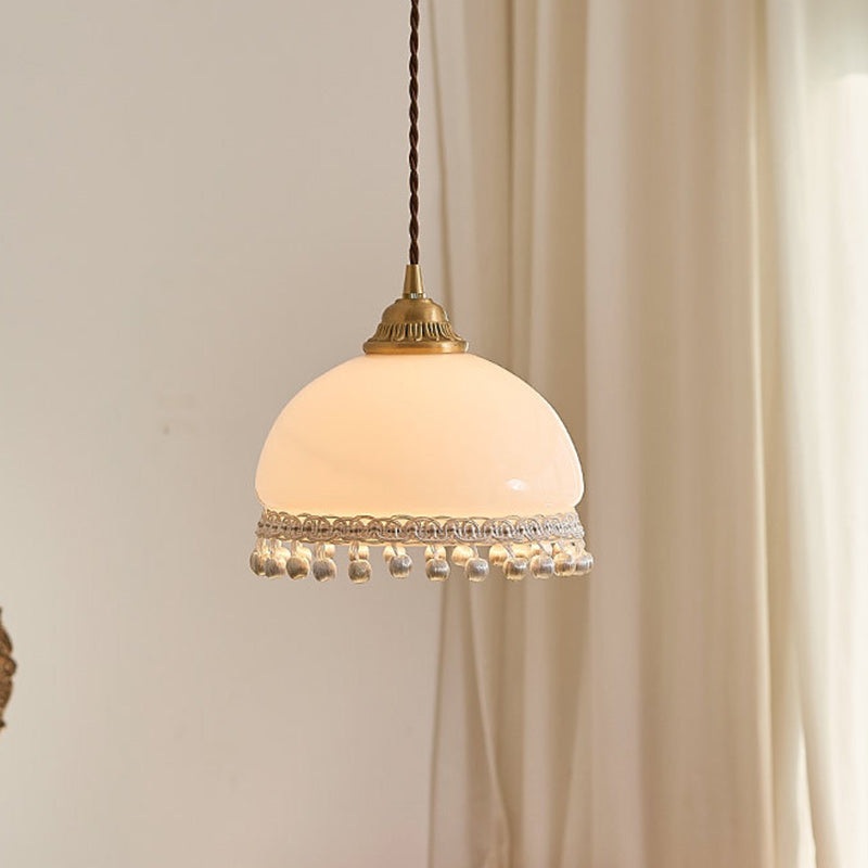 Traditional European Copper Glass Silk Wire Tassel Dome Oval 1-Light Pendant Light For Bedside
