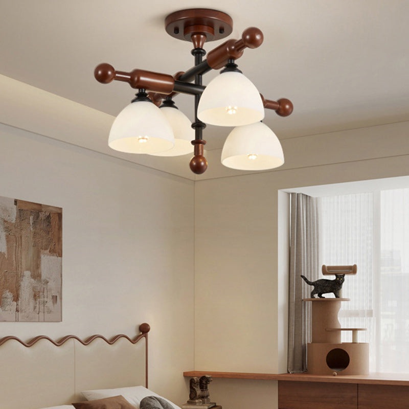 Traditional French Branch Round Bowl Lid Shape Hardware Wood Glass 4/6/8 Semi-Flush Mount Ceiling Light For Living Room