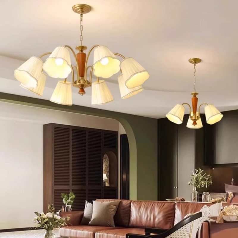 Traditional French Cone Metal Solid Wood Fabric 3/5/6/8 Light Chandelier For Living Room