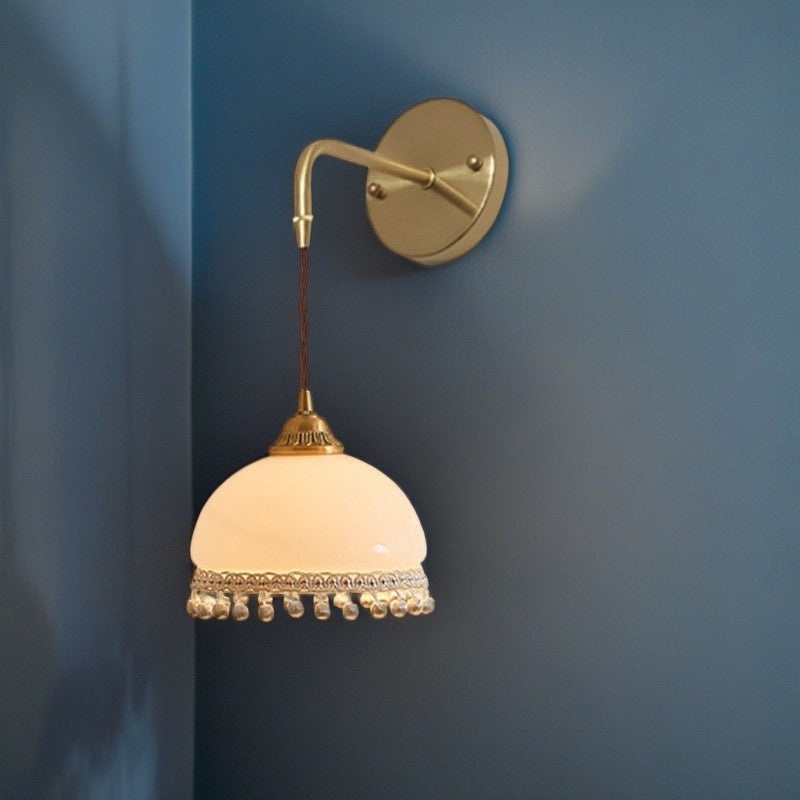 Traditional French Copper Glass Silk Wire Tassel Dome Oval 1-Light Wall Sconce Lamp For Bedside
