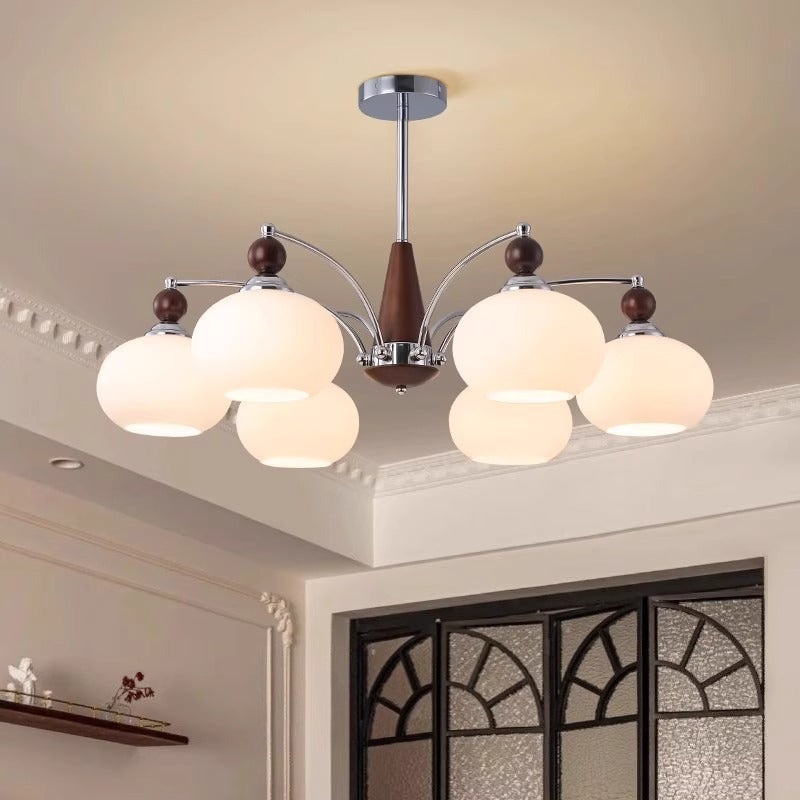 Traditional French Iron Solid Wood Glass Round Shade 6/8-Light Chandelier For Living Room