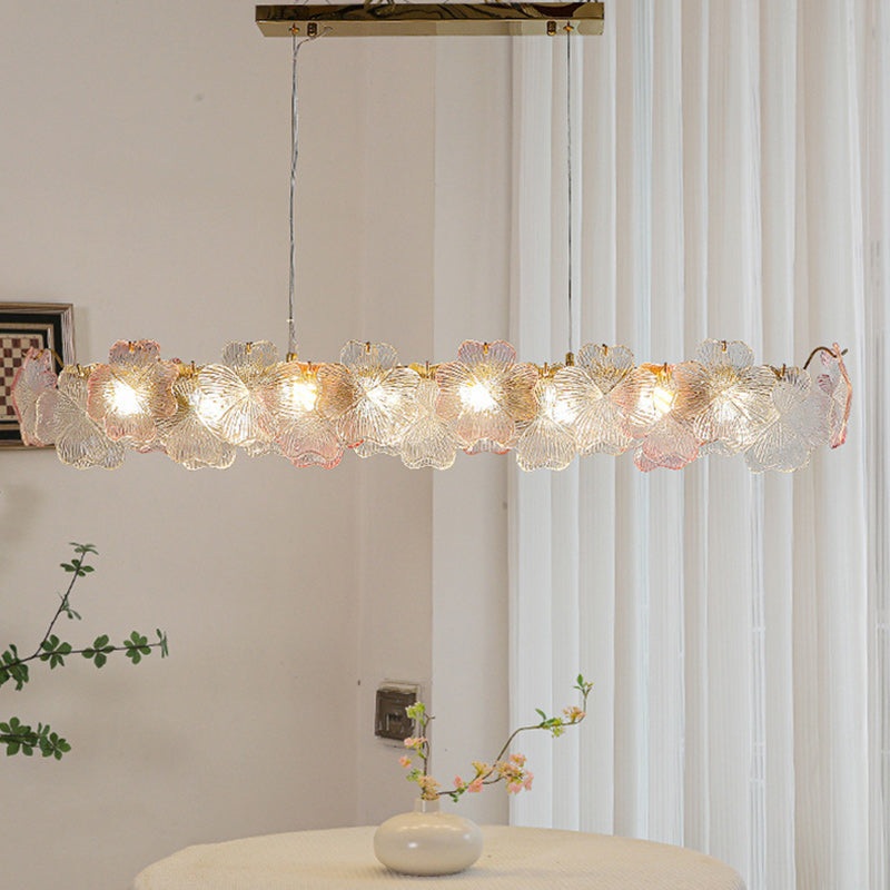 Traditional French Iron Stainless Steel Glass Flower Four-Leaf Clover 6/8 Light Chandeliers Island Light For Dining Room
