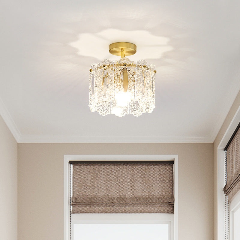 Traditional French Round Lace Full Copper Frame Glass Shade 1-Light Semi-Flush Mount Ceiling Light For Living Room