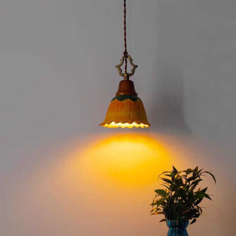 Traditional Japanese Ceramic Copper Wood Dome Floral 1-Light Pendant Light For Bedside