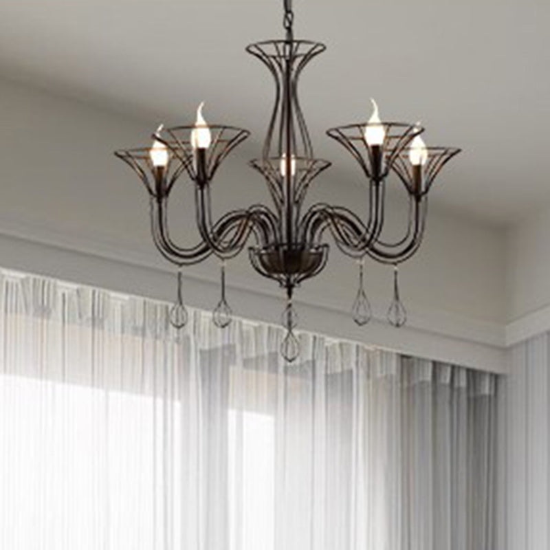 Traditional Rustic Iron Round Frame Candelabra 5-Light Chandelier For Living Room
